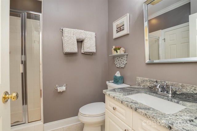 bathroom with tile patterned flooring, vanity, a shower with door, and toilet