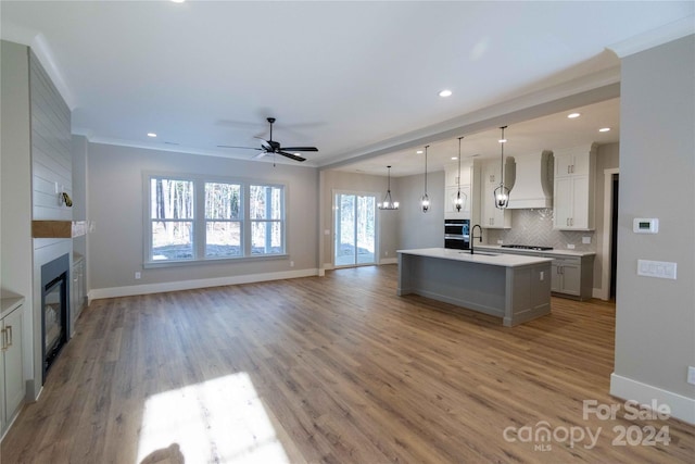 kitchen featuring custom range hood, sink, wood-type flooring, pendant lighting, and an island with sink