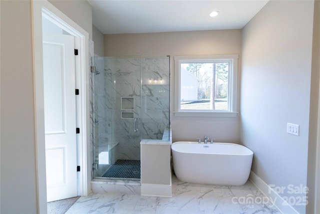 1865 Rock Hill Church Rd Unit 3, Matthews, NC 28104 - bathroom with a marble finish shower, a freestanding tub, and marble look tile flooring