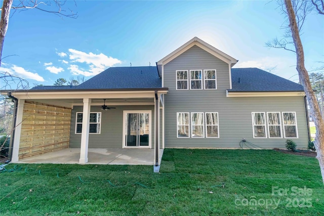 1865 Rock Hill Church Rd Unit 3, Matthews, NC 28104 - back of house featuring ceiling fan, a lawn, a shingled roof, and a patio area