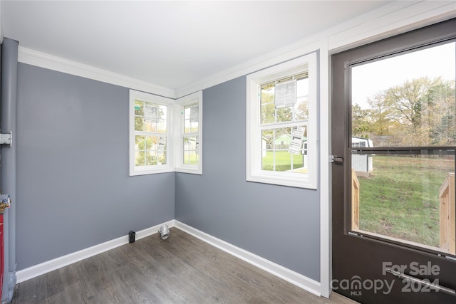 entryway with ornamental molding and dark hardwood / wood-style floors