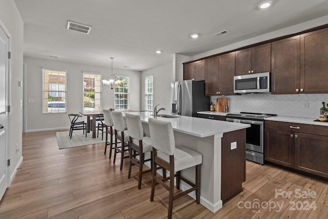 kitchen featuring a kitchen bar, a center island with sink, light hardwood / wood-style flooring, appliances with stainless steel finishes, and decorative light fixtures