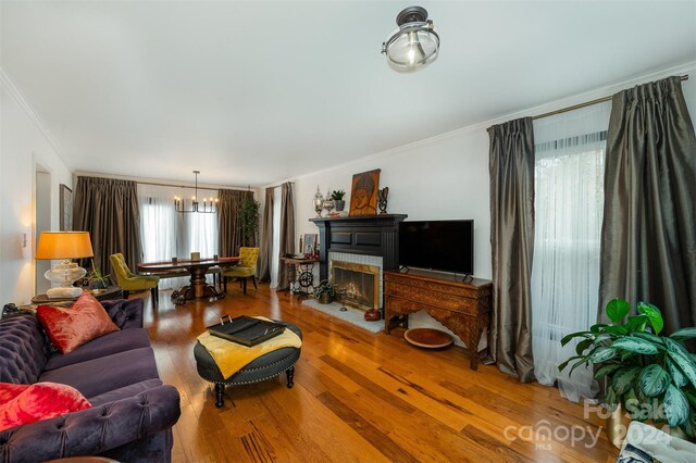 living room with wood-type flooring, crown molding, and an inviting chandelier