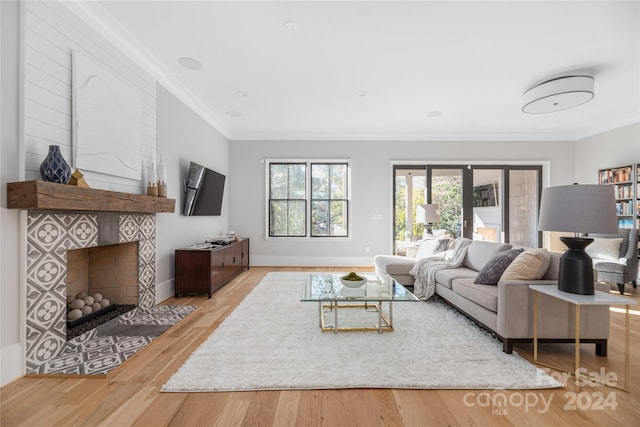 living room with a fireplace, light hardwood / wood-style floors, and crown molding