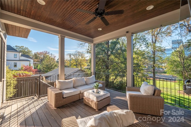 sunroom with ceiling fan and wood ceiling