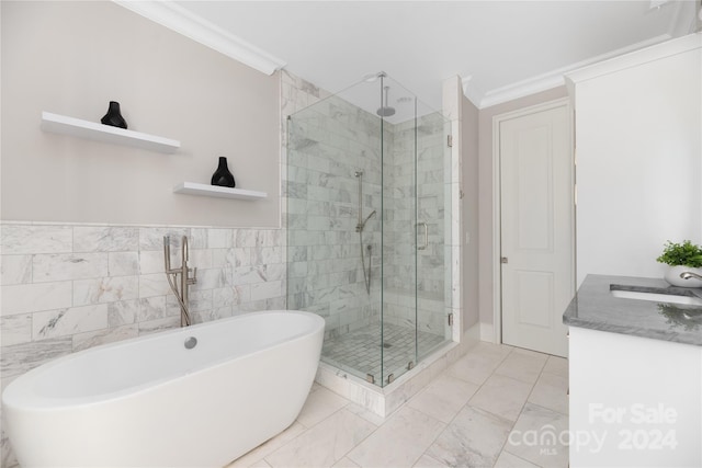 bathroom with vanity, plus walk in shower, and ornamental molding