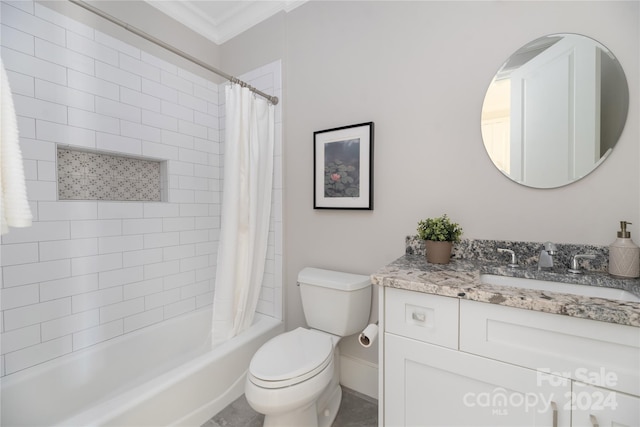 full bathroom featuring vanity, toilet, ornamental molding, and shower / tub combo with curtain