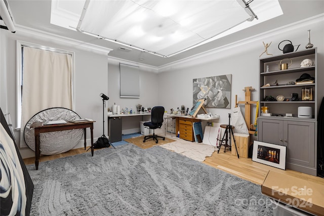 office featuring hardwood / wood-style flooring, crown molding, and rail lighting