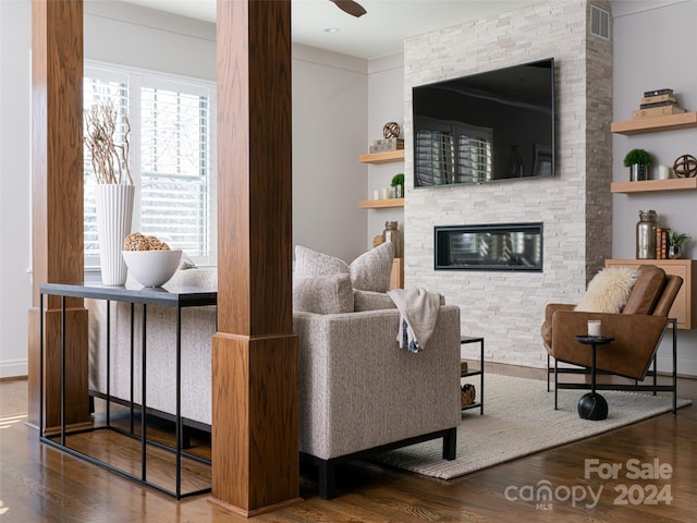 living room featuring a fireplace and wood-type flooring