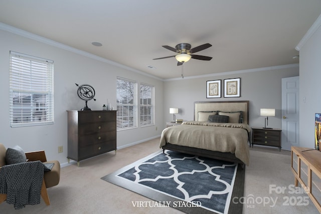 bedroom featuring ceiling fan, light carpet, and ornamental molding