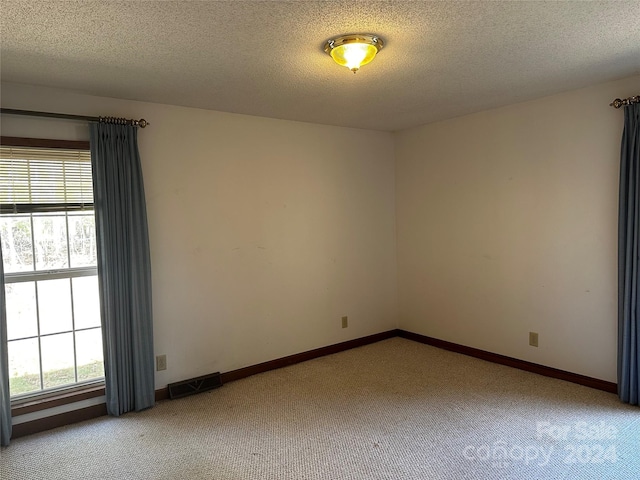 unfurnished room with carpet and a textured ceiling