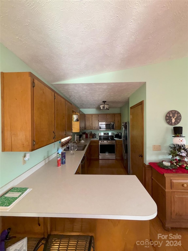 kitchen with sink, kitchen peninsula, appliances with stainless steel finishes, and a textured ceiling