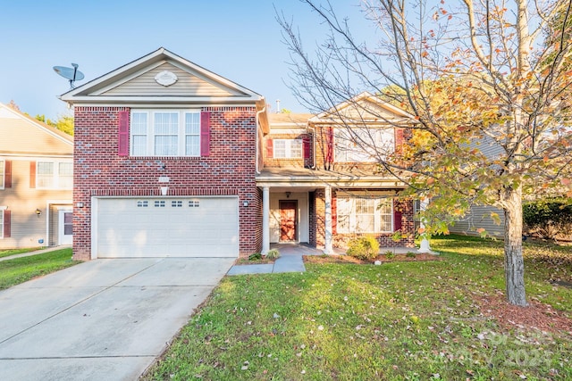 front facade with a front lawn and a garage