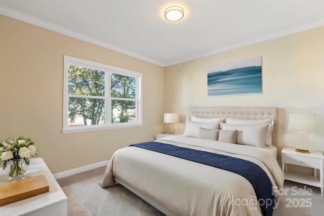 carpeted bedroom with crown molding