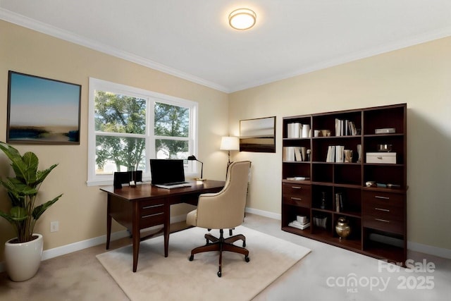 carpeted office with ornamental molding