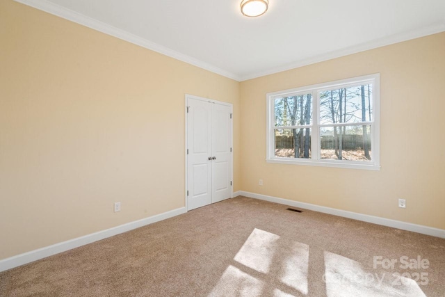 carpeted empty room featuring ornamental molding