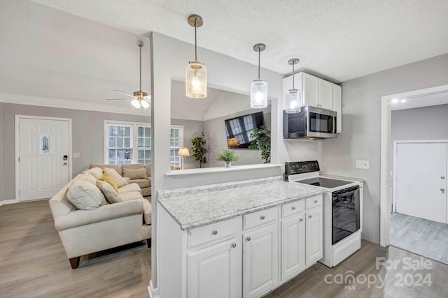 kitchen featuring white cabinetry, light hardwood / wood-style flooring, white range with electric cooktop, and pendant lighting