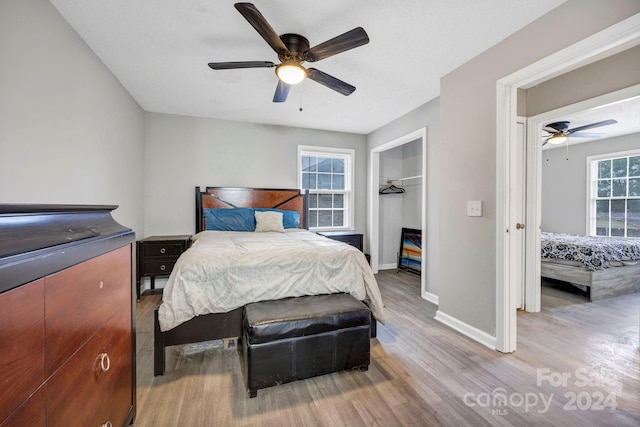 bedroom featuring a closet, a spacious closet, wood-type flooring, and ceiling fan