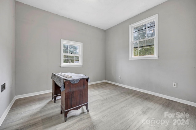 office with a healthy amount of sunlight and light hardwood / wood-style flooring