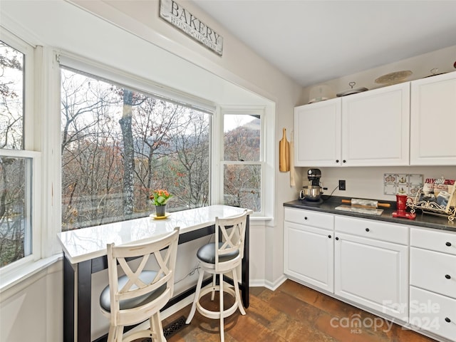 kitchen featuring white cabinets, a wealth of natural light, and dark hardwood / wood-style flooring