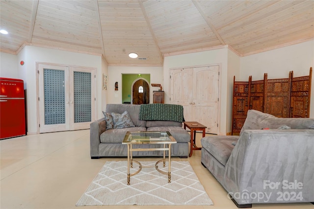 living room featuring lofted ceiling and wood ceiling