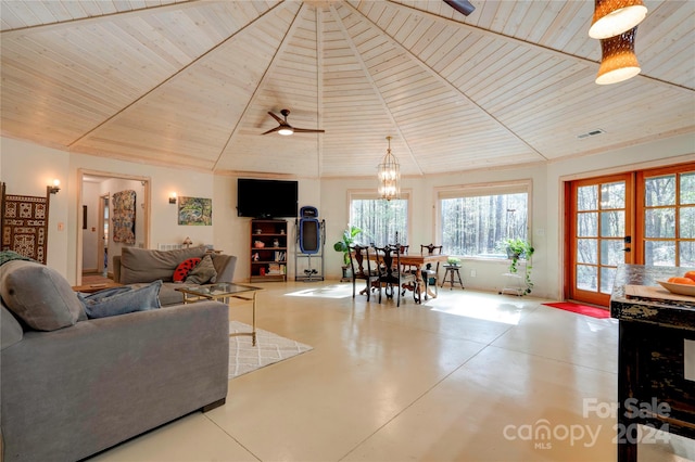 living room featuring french doors, wood ceiling, beverage cooler, lofted ceiling, and ceiling fan