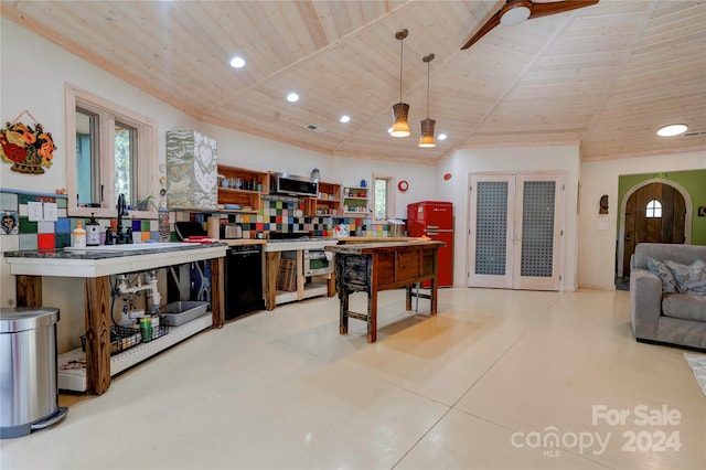 kitchen featuring wooden ceiling, decorative light fixtures, and black dishwasher