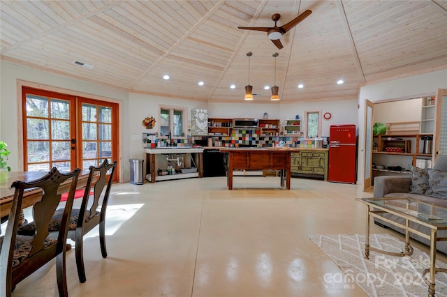 kitchen with wooden ceiling, ceiling fan, decorative light fixtures, lofted ceiling, and french doors