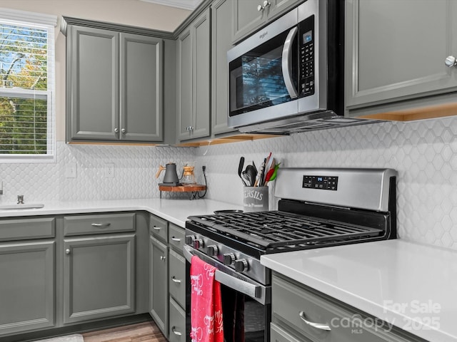 kitchen featuring backsplash, gray cabinetry, stainless steel appliances, and a healthy amount of sunlight