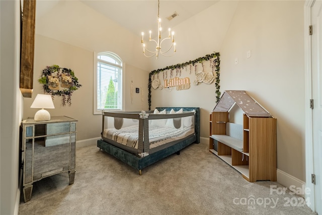 carpeted bedroom featuring a notable chandelier and vaulted ceiling