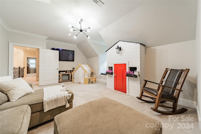 carpeted living room with vaulted ceiling, a notable chandelier, and ornamental molding