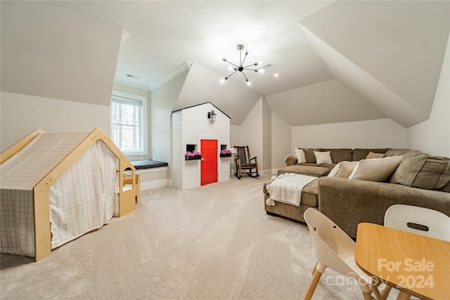 carpeted living room with vaulted ceiling and an inviting chandelier