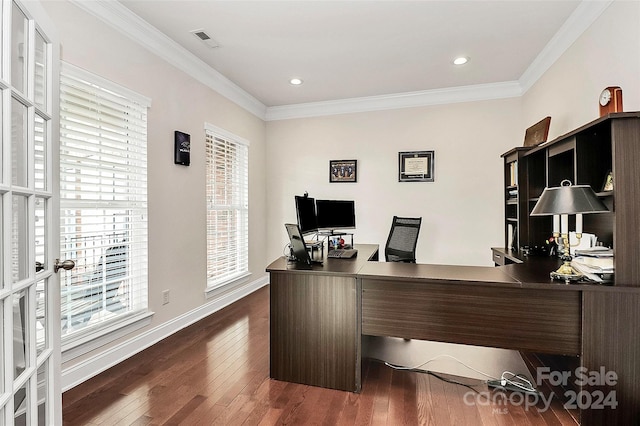 16404 Grassy Creek Dr, Huntersville, NC 28078 - home office with dark wood-type flooring, healthy amount of natural light, crown molding, baseboards, and recessed lighting