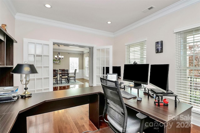16404 Grassy Creek Dr, Huntersville, NC 28078 - office space with ornamental molding, wood finished floors, plenty of natural light, a chandelier, and recessed lighting