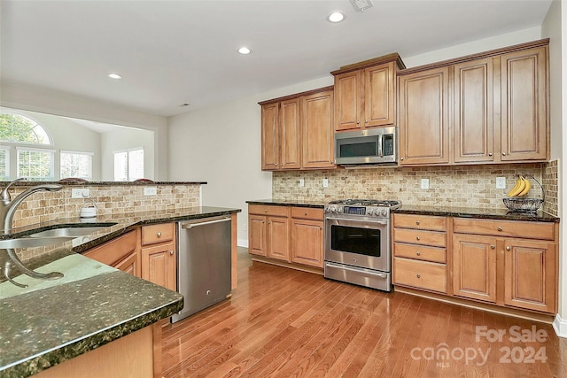 kitchen featuring tasteful backsplash, wood-type flooring, stainless steel appliances, sink, and dark stone countertops