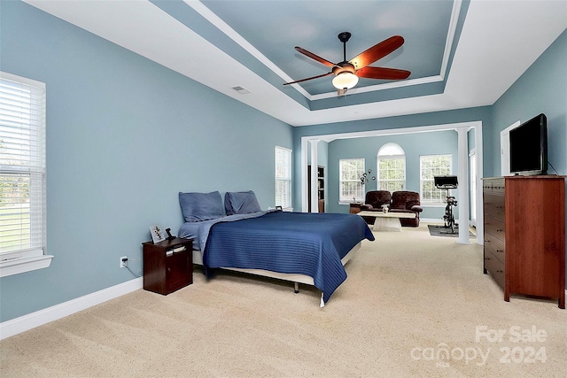 16404 Grassy Creek Dr, Huntersville, NC 28078 - bedroom with a raised ceiling, light colored carpet, baseboards, and a ceiling fan