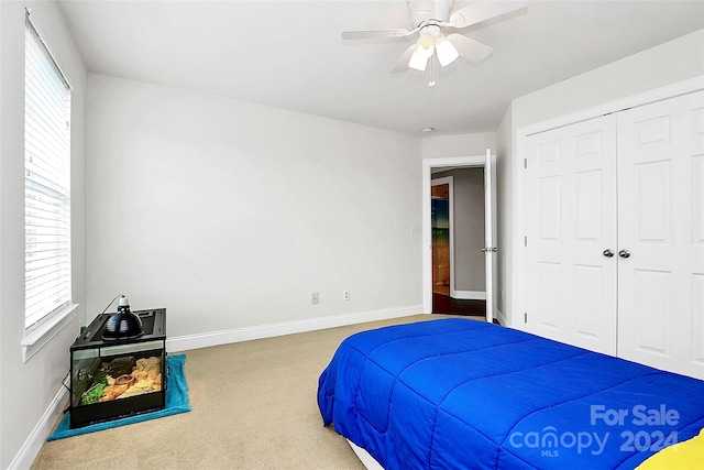 carpeted bedroom with ceiling fan, multiple windows, and a closet