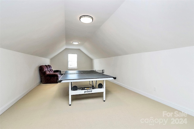16404 Grassy Creek Dr, Huntersville, NC 28078 - recreation room featuring vaulted ceiling, carpet, and baseboards