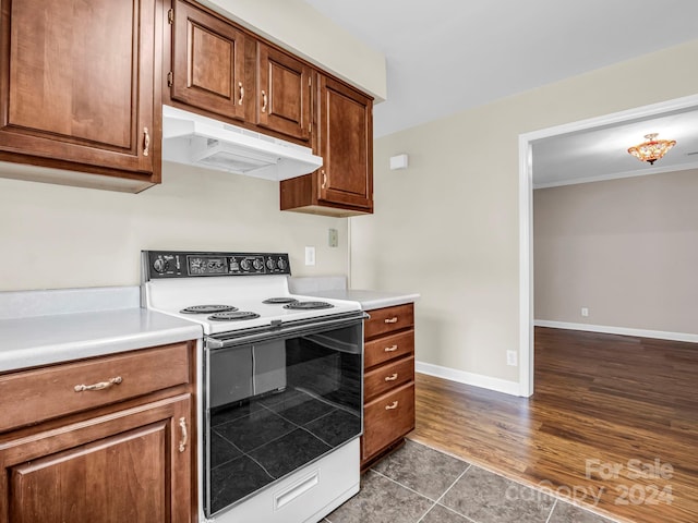 kitchen featuring dark hardwood / wood-style flooring and white range with electric cooktop