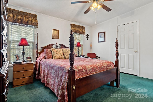 carpeted bedroom featuring a textured ceiling, ceiling fan, and crown molding