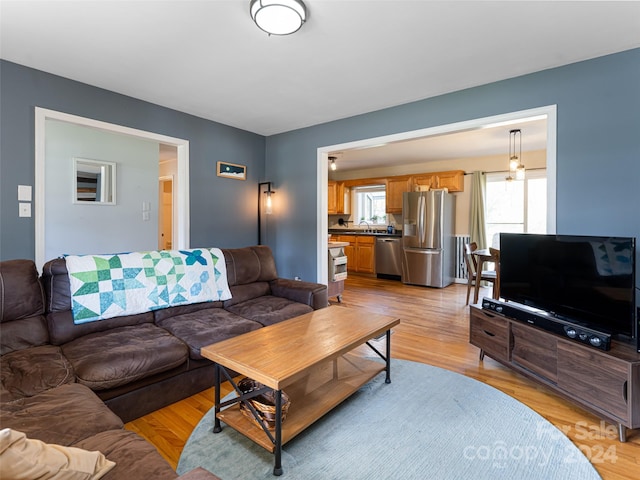 living room featuring sink and light hardwood / wood-style flooring