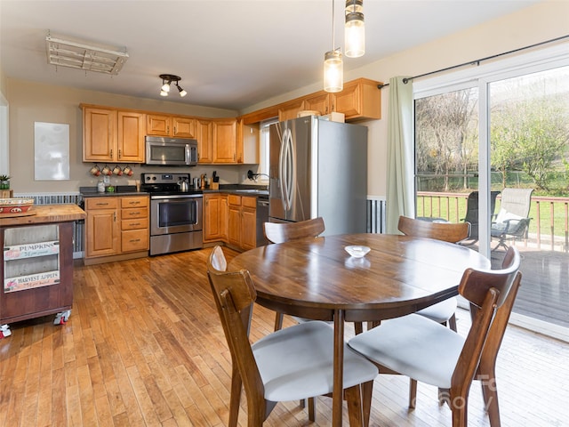 kitchen with appliances with stainless steel finishes, light hardwood / wood-style floors, decorative light fixtures, and sink