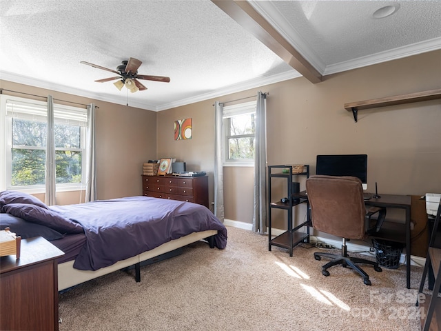 bedroom featuring multiple windows, carpet flooring, and ceiling fan