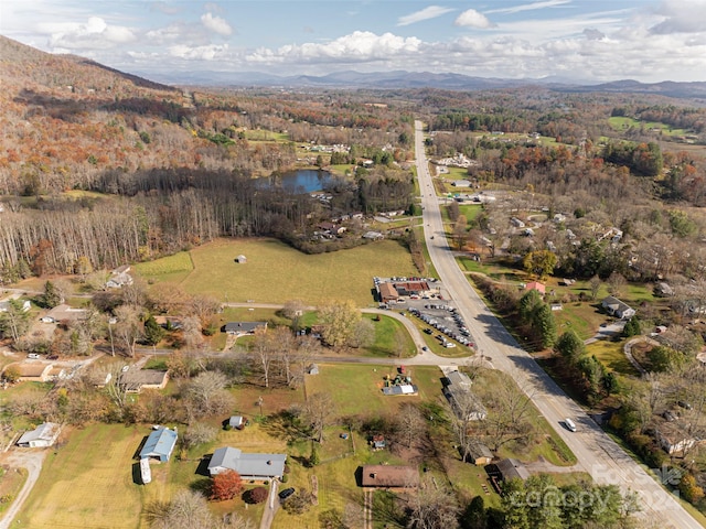 bird's eye view featuring a water and mountain view