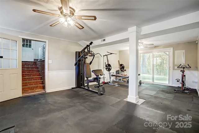 workout room featuring ceiling fan