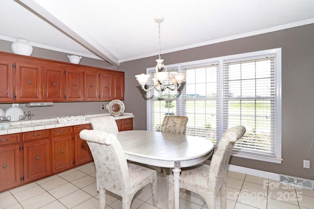 tiled dining space with crown molding, an inviting chandelier, and vaulted ceiling with beams