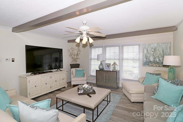 living room featuring beamed ceiling, ornamental molding, ceiling fan, light hardwood / wood-style floors, and a textured ceiling