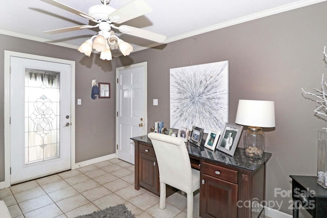 office featuring crown molding, light tile patterned floors, and ceiling fan