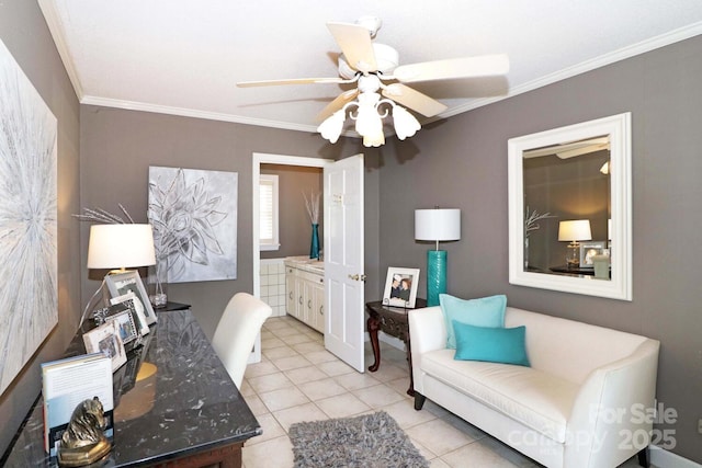 home office with ornamental molding, ceiling fan, and light tile patterned flooring