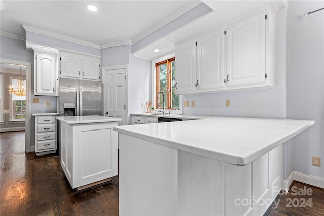 kitchen with a kitchen island, white cabinetry, dark hardwood / wood-style flooring, stainless steel refrigerator with ice dispenser, and kitchen peninsula